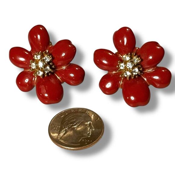 Vintage Joan Rivers Flower Earrings Womens Red Enamel & Rhinestone Clip On - Picture 6 of 6